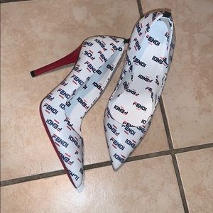 Authentic Fendi Mania logo-print leather pumps